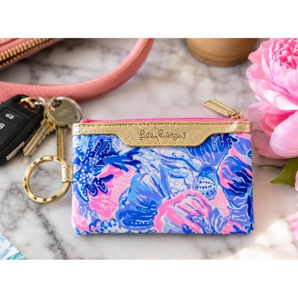Lilly Pulitzer Keychain ID Wallet Coin Purse Card Holder Pink Blue Floral Gold